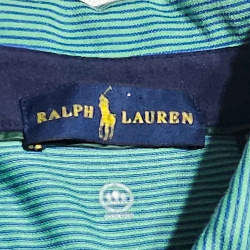 Ralph Lauren Polo Shirt Mens XL Green Blue Striped Short Sleeve Classic Fit Logo